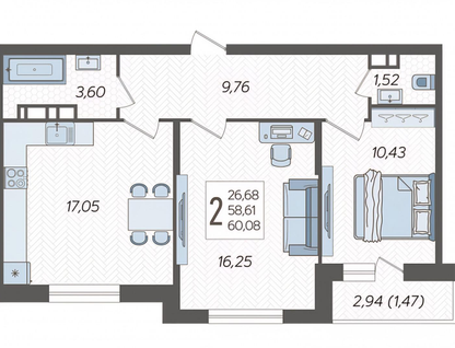 2-к. квартира, 60,1&nbsp;м²