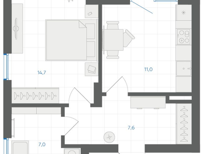 1-к. квартира, 42,8 м²