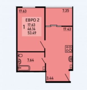 1-к. квартира, 53,5&nbsp;м²