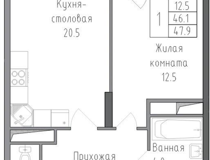 1-к. квартира, 47,9&nbsp;м²