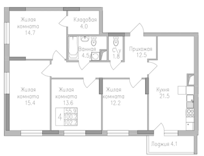 4-к. квартира, 102,2&nbsp;м²