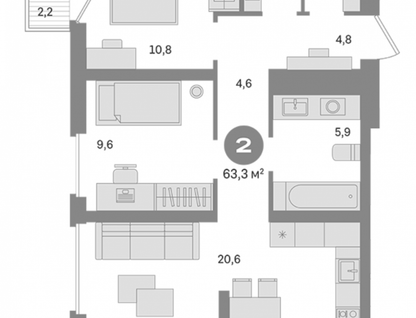 1-к. квартира, 63,3&nbsp;м²
