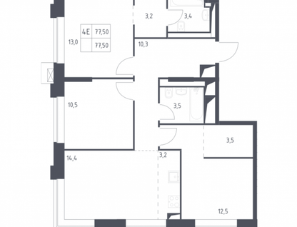 3-к. квартира, 77,5 м²
