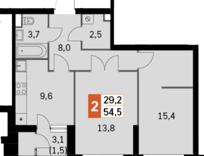2-к. квартира, 54,5&nbsp;м²