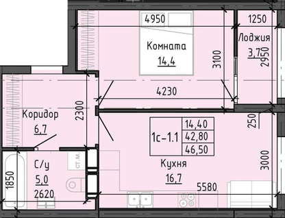 1-к. квартира, 42,8&nbsp;м²