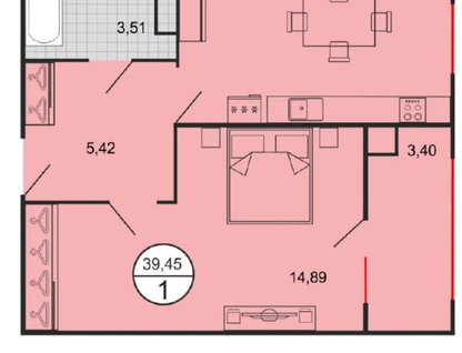 1-к. квартира, 39,8&nbsp;м²