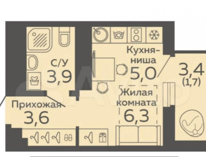 Студия, 20,1&nbsp;м²