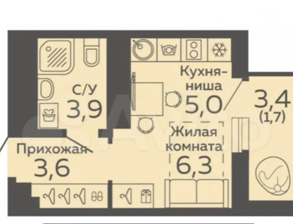 Студия, 20,1&nbsp;м²