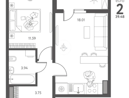 1-к. квартира, 39,5&nbsp;м²