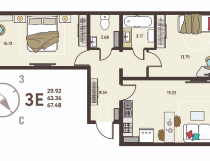 2-к. квартира, 67,5&nbsp;м²