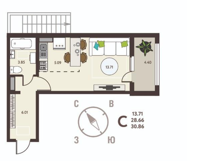 Студия, 30,9&nbsp;м²