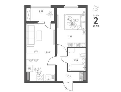 1-к. квартира, 36,9&nbsp;м²