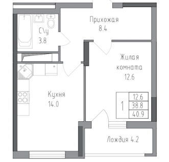 1-к. квартира, 40,9&nbsp;м²