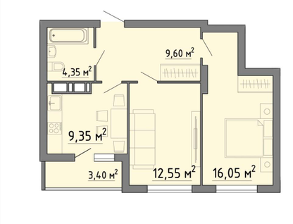 2-к. квартира, 55,3 м²