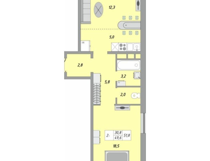 1-к. квартира, 51,8&nbsp;м²