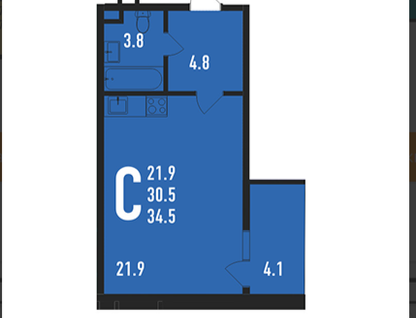 Студия, 34,5&nbsp;м²