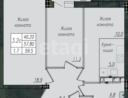 3-к. квартира, 59,5&nbsp;м²