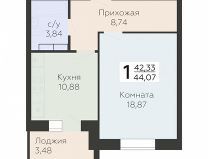 1-к. квартира, 44&nbsp;м²
