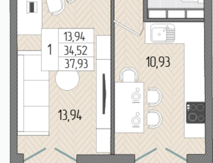 1-к. квартира, 39,7&nbsp;м²
