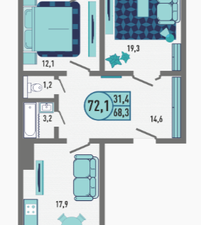 2-к. квартира, 72,1&nbsp;м²