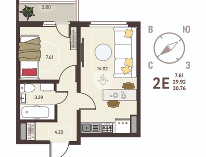1-к. квартира, 30,8&nbsp;м²