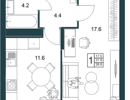 1-к. квартира, 38,8&nbsp;м²