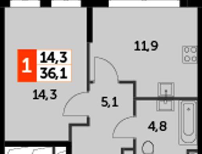 1-к. квартира, 36,1&nbsp;м²