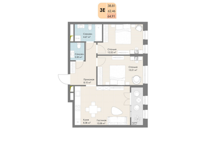 3-к. квартира, 64,9 м²
