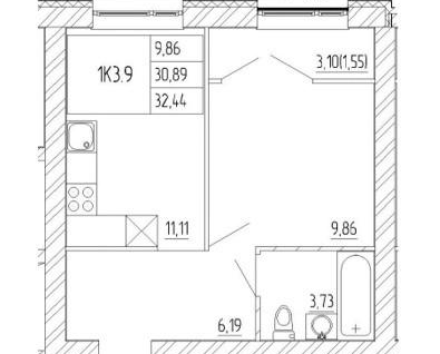 1-к. квартира, 34&nbsp;м²