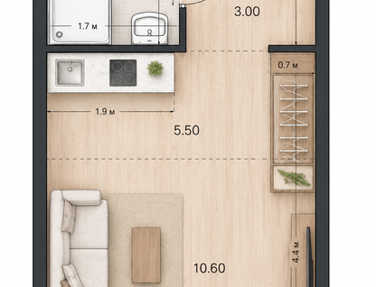 Студия, 21,6&nbsp;м²