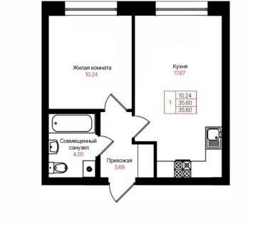 1-к. квартира, 35,6&nbsp;м²