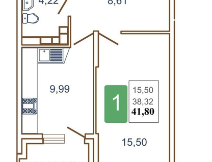 1-к. квартира, 41,8&nbsp;м²