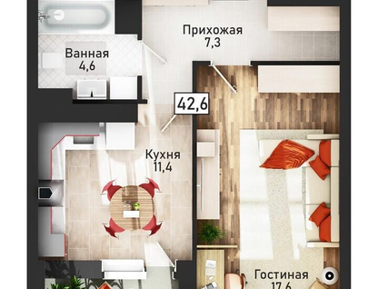 1-к. квартира, 42,4&nbsp;м²
