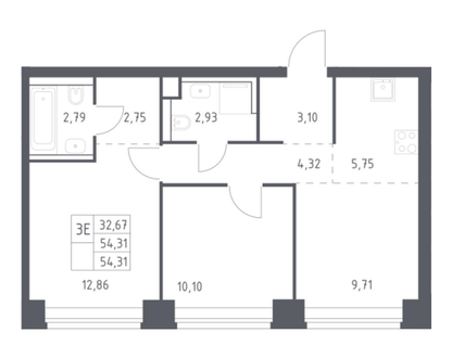 3-к. квартира, 54,3 м²