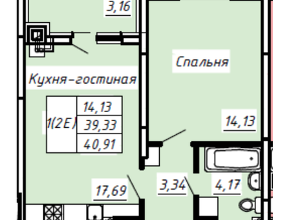 1-к. квартира, 40,7 м²