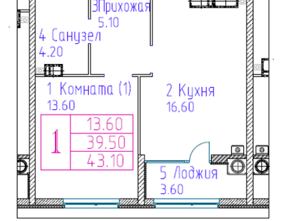 1-к. квартира, 39,5&nbsp;м²