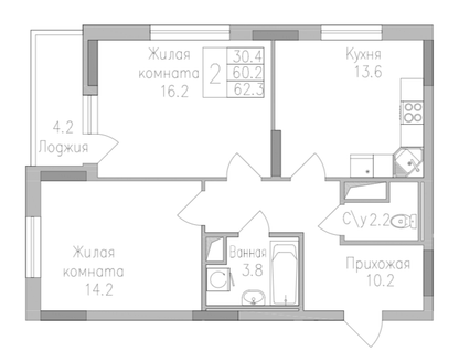 2-к. квартира, 62,3&nbsp;м²