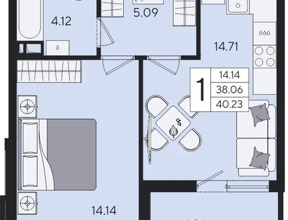 1-к. квартира, 40,2&nbsp;м²