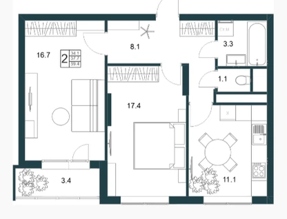 2-к. квартира, 59,4&nbsp;м²