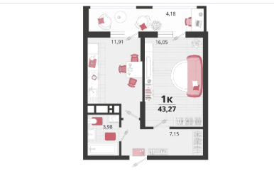 1-к. квартира, 43,3&nbsp;м²