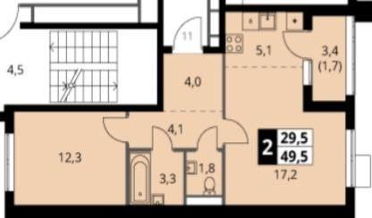 2-к. квартира, 49,5&nbsp;м²