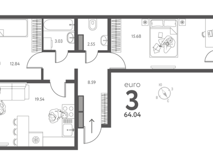 2-к. квартира, 64&nbsp;м²