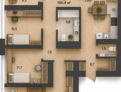 3-к. квартира, 105,4&nbsp;м²