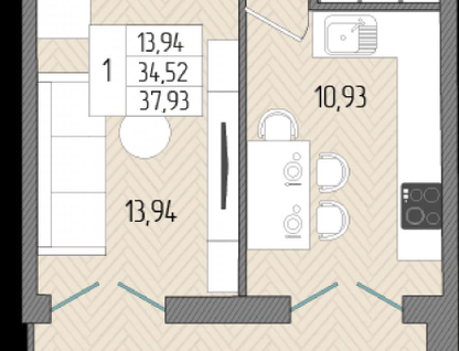 1-к. квартира, 37,9&nbsp;м²