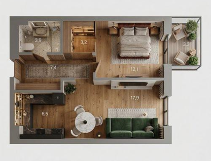 2-к. квартира, 52,6&nbsp;м²