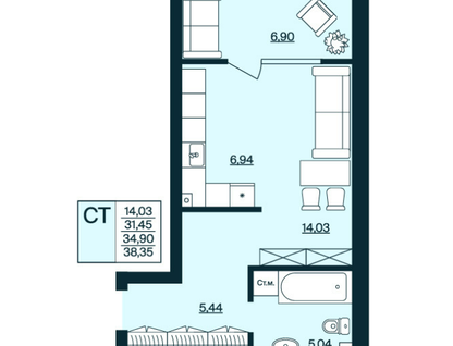 Студия, 38,4&nbsp;м²