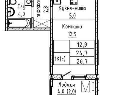 1-к. квартира, 26,7&nbsp;м²