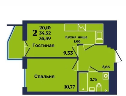 1-к. квартира, 35,4&nbsp;м²
