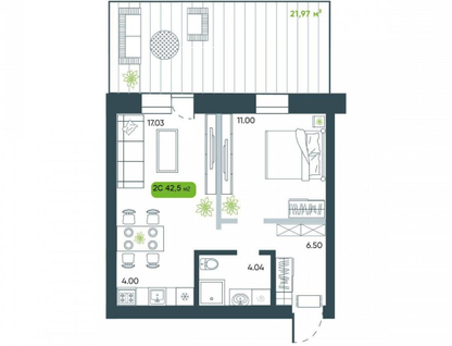 2-к. квартира, 42,5&nbsp;м²