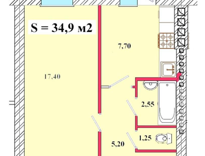 1-к. квартира, 34,9&nbsp;м²
